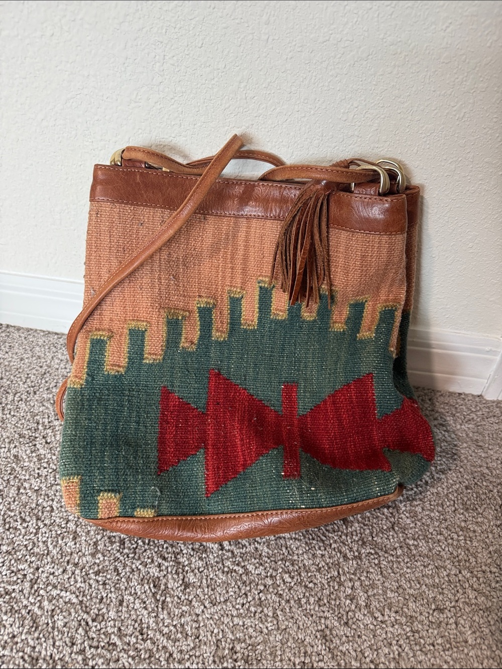 Boho Fringe Crossbody Bag in Tan, Green & Red